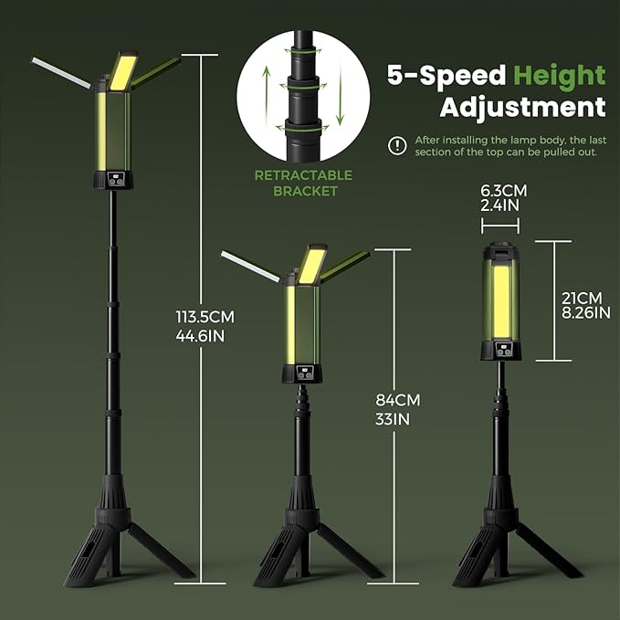 Rechargeable Camping Light with Stand: Cordless Work Light Kit 3 Page Head 500/1000/2000 Lumen 3500/6500K - Dimmable 6AH Camp Lights with Detachable Tripod,Hooks and Carrying Bag(Green-S)