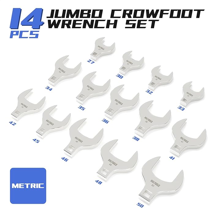 BULLTOOLS 1/2" Drive Jumbo Crowfoot Wrench Set,14-Piece Metric Crows Foot Wrench Set 27 to 50mm Chrome Vanadium Steel Big Crowfoot Wrench
