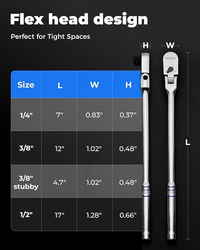 toolant 4Pcs Flex Head Ratchet Set, 1/4??3/8"&1/2" Drive Gear Wrench Compact Head Ratchet Wrenches, 90-Tooth Gear, 180째 Flex, 11 Positions, Longer Handle, 1.5X ASME Durability