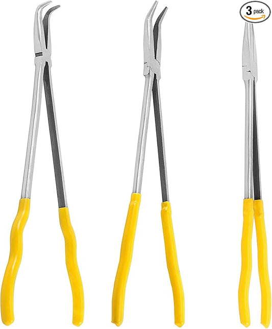 MOUYAT 3 PCS 16 Inch Extra Long Needle Nose Pliers Set, 45 Degree, 90 Degree, Straight Extra Long Reach Pliers Set