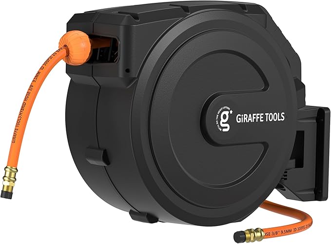 Giraffe Tools Retractable Air Hose Reel Enclosed with 3/8 in. x 50 ft Hybrid Hose, Lightweight Compressor Hose Reel Wall Mounted with 180째 Swivel Bracket, 300 PSI