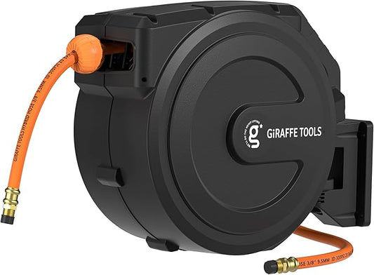 Giraffe Tools Retractable Air Hose Reel Enclosed with 3/8 in. x 50 ft Hybrid Hose, Lightweight Compressor Hose Reel Wall Mounted with 180째 Swivel Bracket, 300 PSI