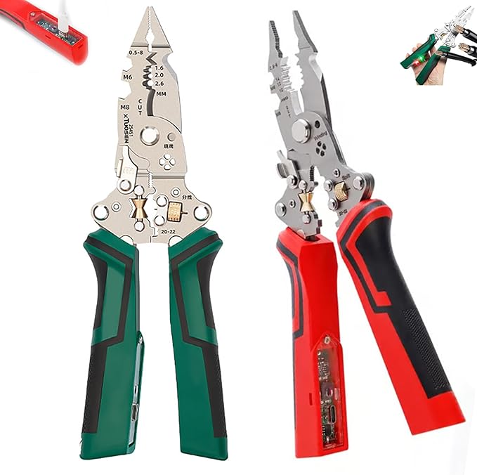16 in 1 Wire Stripper Twister for Cutting and Pulling Wires, Cable Scissors, Voltage Tester Pliers, 12V to 250V Live, Professional Wire Stripper Electrical Pliers (Mix*2)