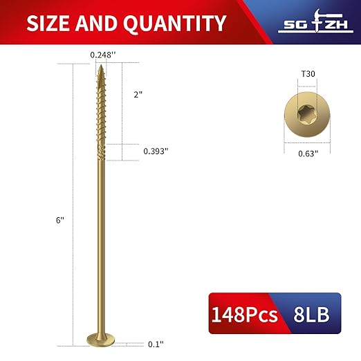 #14 x 6 Inch Outdoor Structural Wood Deck Screws (148Pcs/8lb), Carbon Steel, Tan, Flat Head, Rust Resistant Epoxy Coated, T30 Star Bit