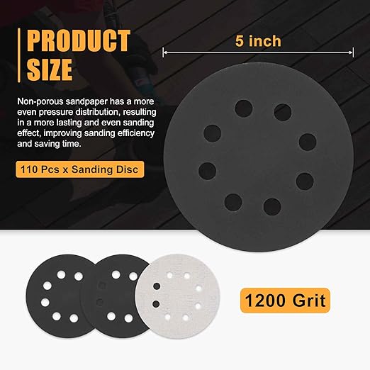 110 Pcs 5 Inch Sanding Disc 1200 Grit 8 Hole Round Hook and Loop Sandpapers for Metal Wood Automotive Boat Building Grinding and Polishing, Black