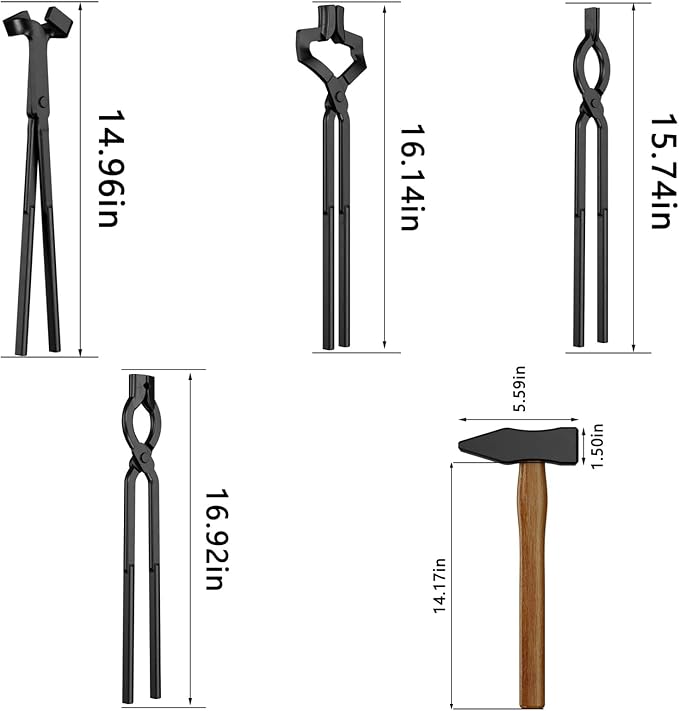 Blacksmith Tongs Set,5PCS Blacksmith Forge Kit for Beginner and Seasoned Blacksmiths, Craftsmen and Bladesmiths