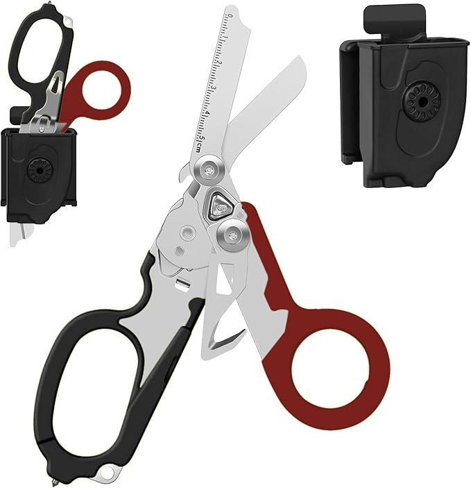 6-in-1 Heavy Duty Emergency/Trauma Shears, with Carbide Glass Breaker, Ring Cutter, Foldable, Stainless Steel Multi-Purpose Scissors for Hospital, Home, Camping, and Travel Rescue Tools (Black+Red)