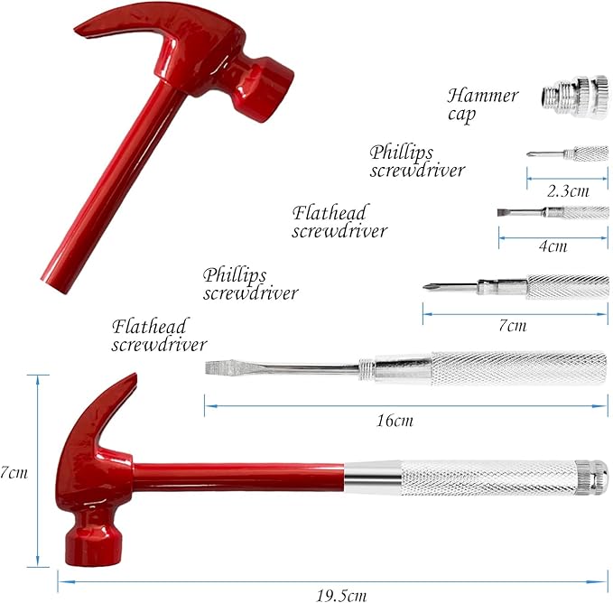 Red 6 in 1 Multitool Mini Hammer & Screwdriver Set - Camping Hand Tools with Metal Hammer Head