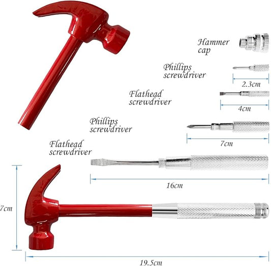 Red 6 in 1 Multitool Mini Hammer & Screwdriver Set - Camping Hand Tools with Metal Hammer Head