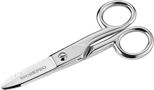 WORKPRO Electrician Scissors, 5-1/5 Inch Heavy Duty Scissors, Nickel-Plated Stainless Steel Snips with 19&23 Stripping Notches for Telecom and Electrical Work