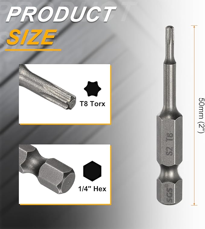 HARFINGTON 2pcs T8 Torx Head Screwdriver Bit 1/4" Hex Shank 2" (50mm) Long Magnetic No Hole Tip Tamper Proof 6 Point Star Screw Driver Drill Bits S2 Steel Industrial Power Screwdrivers