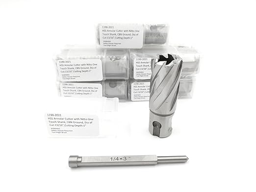 Accusize Industrial Tools 10 Pc Hss Annular Cutter 13/16'' by 1'' Depth with Nitto/1 Touch/3/4'' Weldon Shank, Plus 1 Pilot Pin, 1190-2021pin