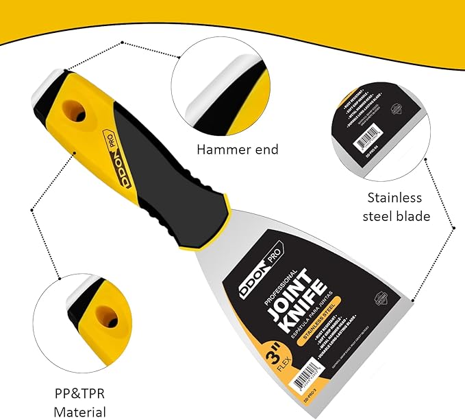 Flexible Putty Knife Scraper Tool, Spackle Knife Stainless Steel Blade with Soft Grip Handle, Metal Scraper Tool for Drywall Finishing, Plaster Painting Scraping, Decals, and Wallpaper (3)
