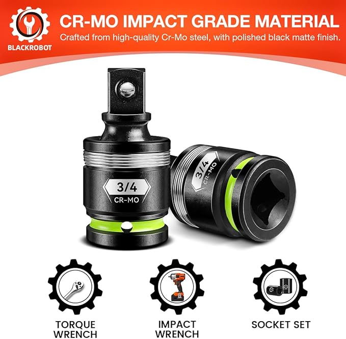 BLACKROBOT 3/4" Drive Impact Universal Joint Set, CR-MO Swivel Socket Adapter for Heavy-Duty & Automotive Repair, Flexibly Reach Tight-Angle Fasteners