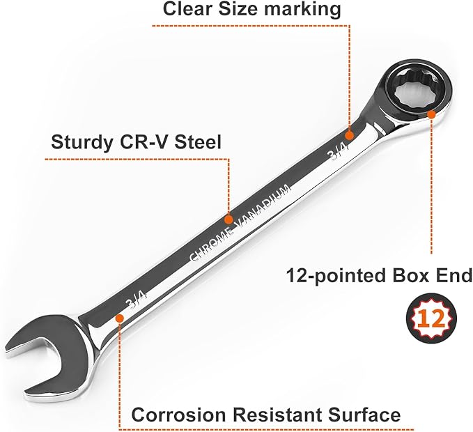 Egofine 3/4 ratchet wrench and 7/16 wrench, SAE Ratcheting Wrench Set, Industrial Grade Gear Spanner with 12-Point Design, 72-Tooth Ratchet, Chrome Vanadium Steel