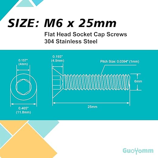 M6-1.0 x 25mm 30PCS Flat Head Hex Socket Cap Screws, Countersunk Bolts, Stainless Steel 304, Metric Allen Drive, Fully Threaded, Bright Finish