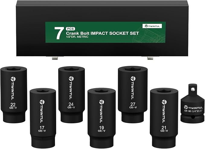 1/2" Drive Crank Bolt Socket Set, 7Pcs, 17/19/21/22/24/27mm, 3/4"-1/2" Adapter, Harmonic Balancer Socket Set, 6-Point Deep Impack Socket, 3 Times Momentum Power of Crank Bolt Removal Tool