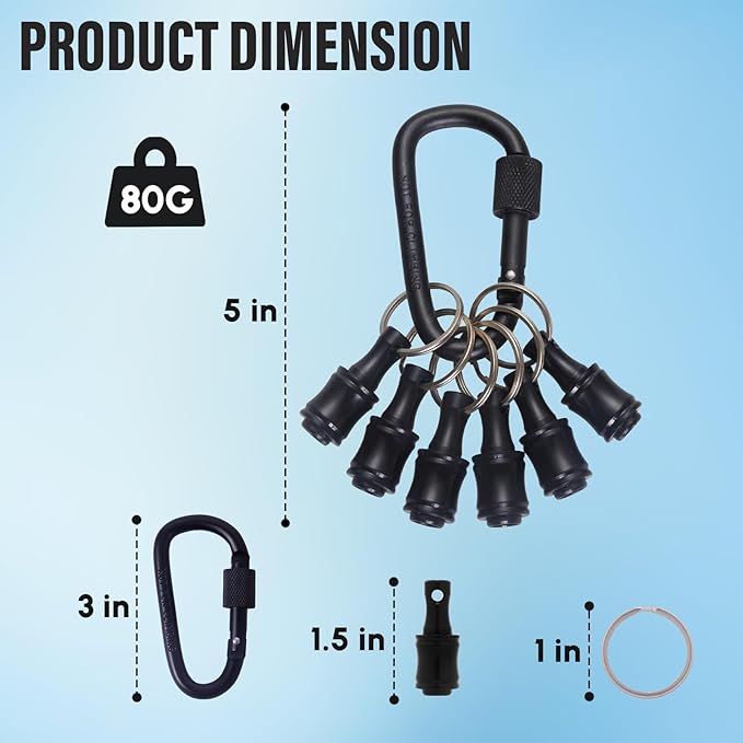 12 Pack 1/4" Hex Bit Holder Key chain - Aluminum Alloy Quick Release Bit Holders with Carabiner for Drill, Screwdriver & Impact Driver - Portable Tool Gift for Men (Black)