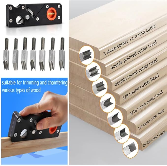 szhdxsy Combination 7-in-1 Cutter Heads Wood Planar Carpenter's Edge Trimming Tool, Suitable for Quick Edge Trimming and Chamfering, Black