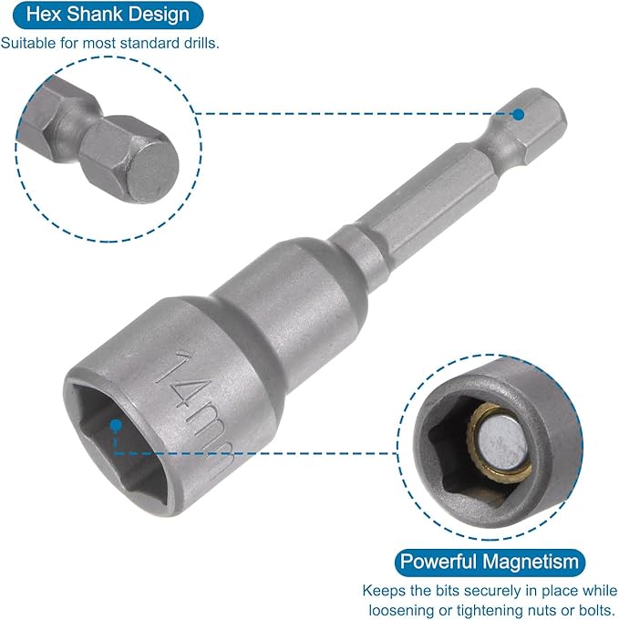 uxcell 14mm Magnetic Hex Socket 65mm/2.56", 1/4" Hex Shank Magnetic Power Nut Driver Set CR-V Quick-Release Extensions for Impact Drill Nut Setters Socket Wrench Screw, 2 Pcs