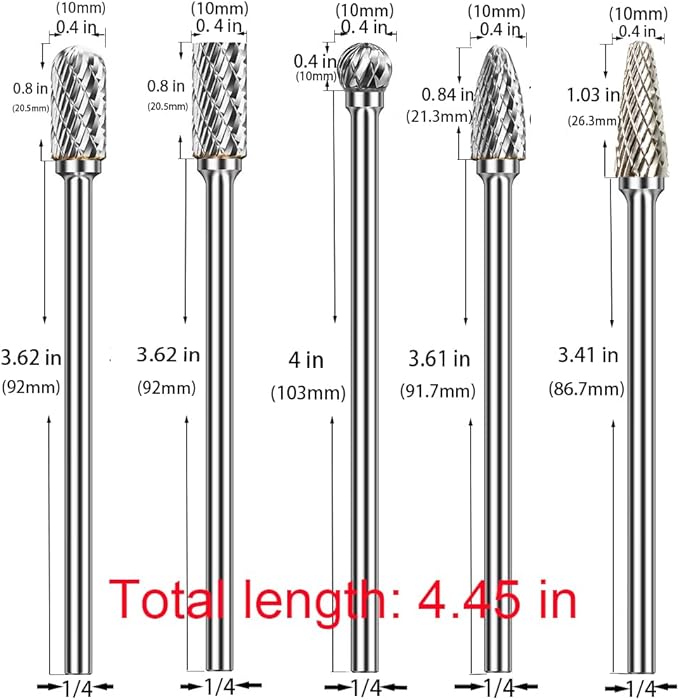 Carbide Burrs Set 5pcs Extra Long Shank Carbide Rotery Burr File Double Cut 1/4 Inch Shank Long Burr Bits For Die Grinder Bits