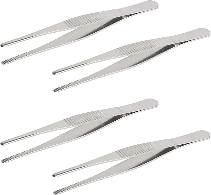 Aoje-Link Stainless Steel Straight Blunt Tweezers, horizontal serrated tips, used for repairs, barbecues, auxiliary tools, silver, 4pcs