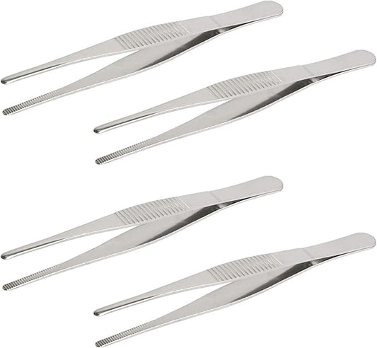 Aoje-Link Stainless Steel Straight Blunt Tweezers, horizontal serrated tips, used for repairs, barbecues, auxiliary tools, silver, 4pcs