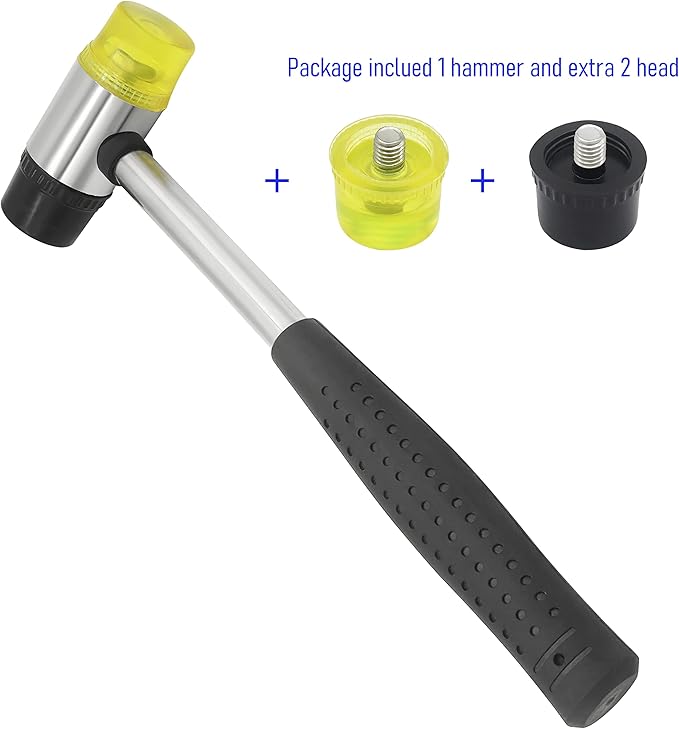 35mm 13oz Double-Faced Rubber Hammer with 4 Soft/Hard Tips Mallet Non-Slip Grip for Leather Crafts, Woodworking and Flooring Installation（Black and Yellow）
