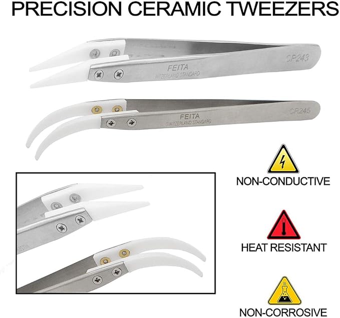 Ceramic Tweezer Set - FEITA Ceramic Precision Tweezers for Electronic Repair, DIY Hobbies - NO MORE BROKEN TIPS! (2-Pcs)