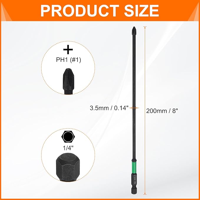 HARFINGTON 3pcs #1 Impact Phillips Screwdriver Bit PH1 1/4" Hex Shank 8" (200mm) Long 0.14" Rod Magnetic Cross Head Drill Bits S2 Steel Industrial Screw Driver for Impact Power Drivers