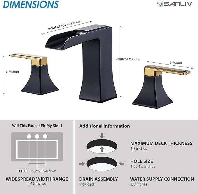 Two-Tone Black and Gold Bathroom Faucet, Sanliv 2-Handle Widespread Bathroom Faucet for 3-Hole Sinks 4-8 Inch, 3-Piece Waterfall Vanity Faucets with Pop-Up Drain, Black and Gold