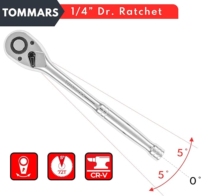 TOMMARS 1/4" Drive Ratchet Socket Wrench, 72-Tooth Quick-Release Socket Ratchet Wrench Reversible, Gifts for Men Mechanic Hand Tools