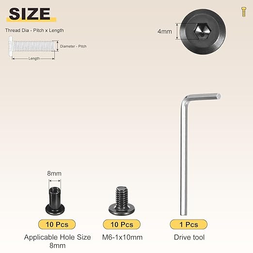 METALLIXITY Furniture Crib Screws Replacement Set with Wrench(M6-1x10mm) 20Pcs, Galvanization Connector Bolts M6 Screw Barrel Nuts Binding Screws, for Chair Cabinet Bed, Black