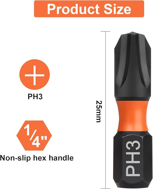 Pro PH3 Bit Assortment - Screwdriver Bits Set 20Pcs, 25mm Length, Phillips Screwdriver Bit, 1/4 Inch Hex Shank, with Storage Box