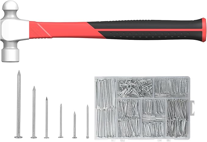 16oz Ball Peen Hammer with 376pcs Nails Set Metalworking Tool Carbon Steel Head Ball Pein Hammer 13.4" Shock Absorbing Fiberglass Handle with Textured Rubber Grip