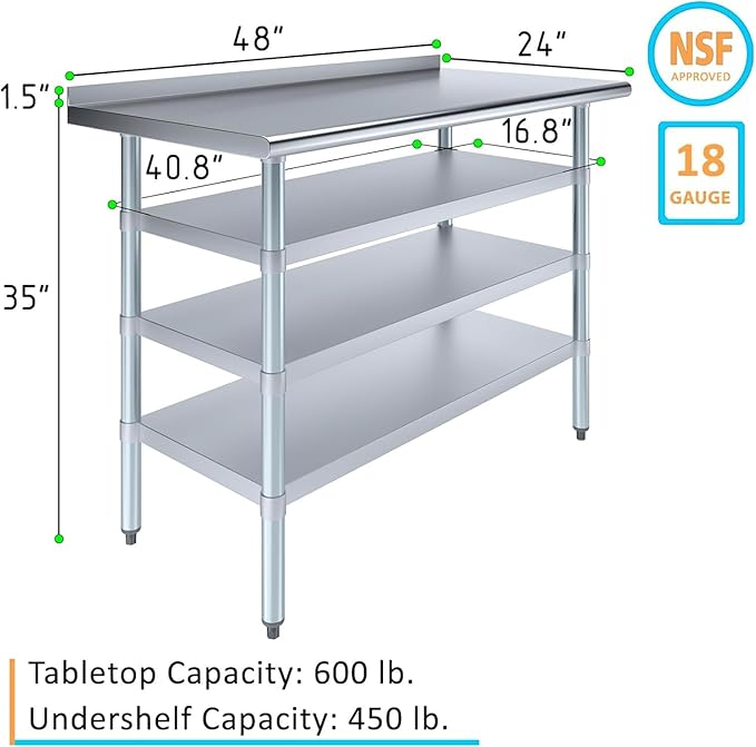 48" x 24" Stainless Steel Work Table with 1.5" Backsplash and 3 Shelves | NSF Certified Prep Table for Kitchen, Restaurant, Garage | Heavy-Duty Metal Workstation