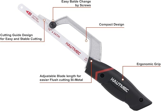 HAUTMEC Compact Hacksaw, Mini Hack Saw with 3Pcs 10" Bi-Metal HSS Blade, Cutting Guide Design & Tool-Free Screws, Small Hand Saw for Metal Wood PVC, Especially Cuts in Tight Hard-Reach Spaces –HT0426