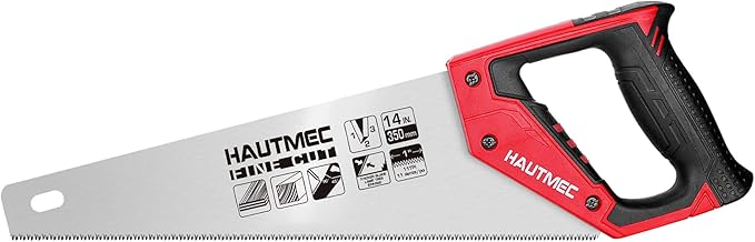 HAUTMEC 14" Universal Hand Saw, 11 TPI Fine Cut Wood Saw with Hardened Triple-Ground Teeth & Bi-Material Ergonomic Handle, Compact Handsaw for Wood, Plastic, PVC, Laminate & Branch Cutting – HT0024