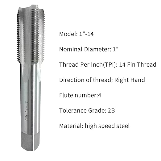 Lzcdelyxiao 1"-14 Tap UNF Right Hand Straight Flute Thread Tap Machine Tap 1"-14 TPI Nominal Diameter 1" Thread Per Inch 14 Fin Thread Tolerance Grade 2B Tapping Thread High Speed Steel HSS