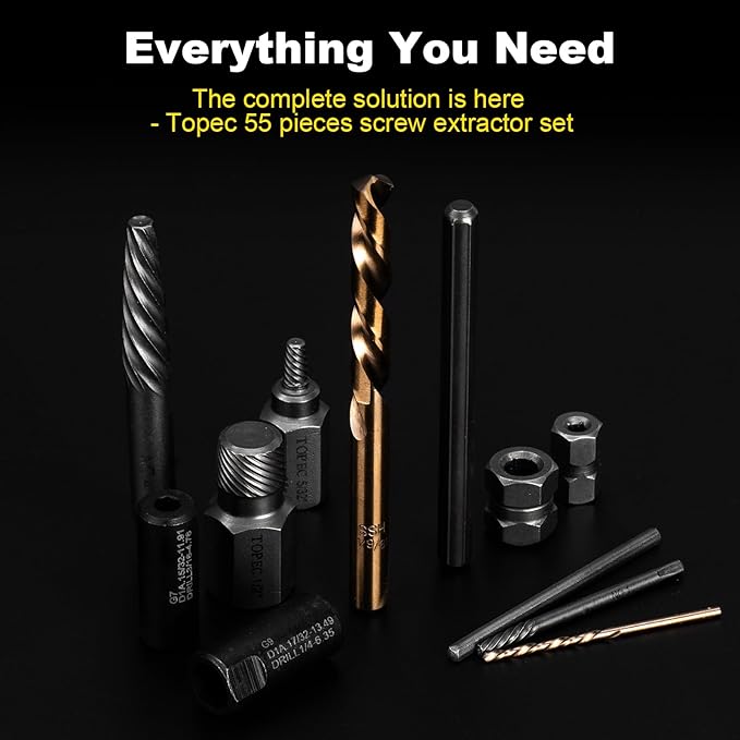 Topec 55-Piece Screw Extractor & Broken Bolt Extractors, Multi-Spline Extractors, and Drill Bits for Removing Damaged, Frozen, Rusted, Rounded-Off Bolts & Screws