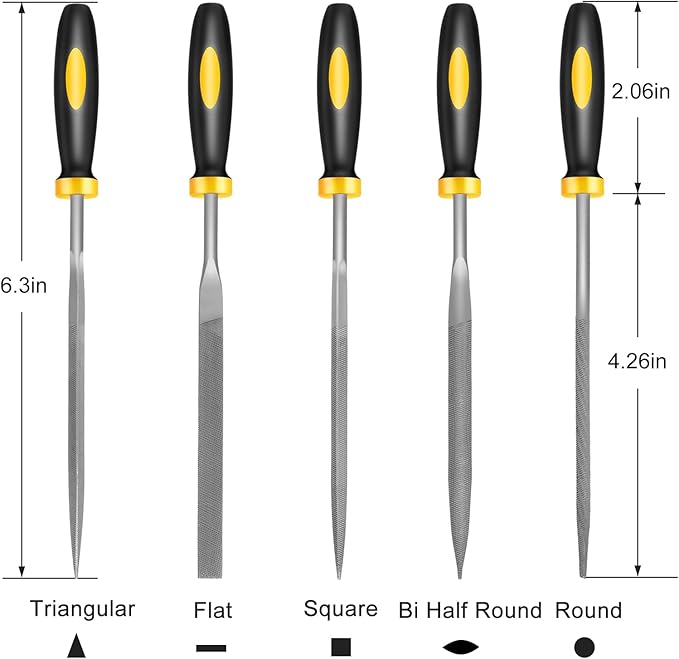 Mini Metal Needle File Set, 5pcs, Small Hand Files Set for Detail and Precise Work, Hardened Alloy Strength Steel File Tools Includes Round, Bi Half-Round, Flat, Square, Triangular File