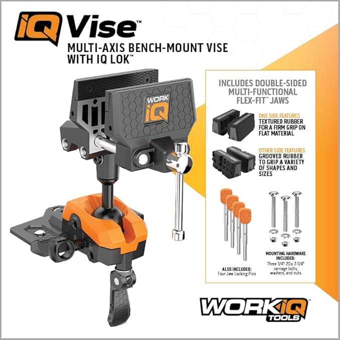 IQ Vise | 360° Articulating Bench Vise Made From Steel & Cast Aluminum w/ 8-Position Locking Ball & Socket | Woodworking Vise Handles Up To 130ft-lbs of Torque | Pipe Vise With Double Sided Jaws