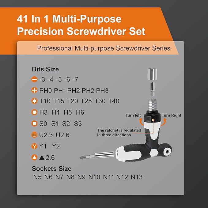 Magnetic Precision Screwdriver Set 41 in 1, Alloy Tool Steel, Multi Bit Magnetic Drive Kit with Detachable Ratchet Handle, Portable Compact Sturdy Tool Case for Furniture Electronics Bicycle