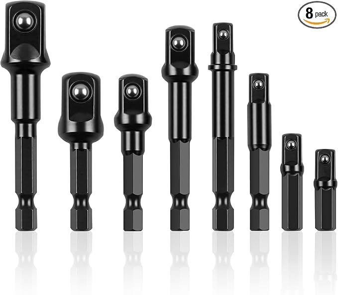 Drill Socket Adapter 8 Piece, Black Impact Sockets Adapter Set Fit for 1/4", 3/8", 1/2" Hex Shank, 5 Different Lengths Socket Drill Adapter, Universal 1/4 Socket Adapter