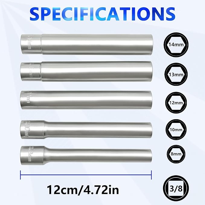 ZKTOOL 5PC Deep Metrichex Socket Set, 3/8-Inch Drive Deep Metric Socket Set 8-10-12-13-14MM - Extra Long Deep 120MM