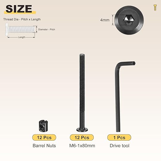 METALLIXITY Furniture Crib Screws Replacement Set with Wrench(M6-1x80mm) 24Pcs, Galvanization Connector Bolt M6 Screw Barrel Nuts Binding Screws, for Chair Cabinet Bed, Black