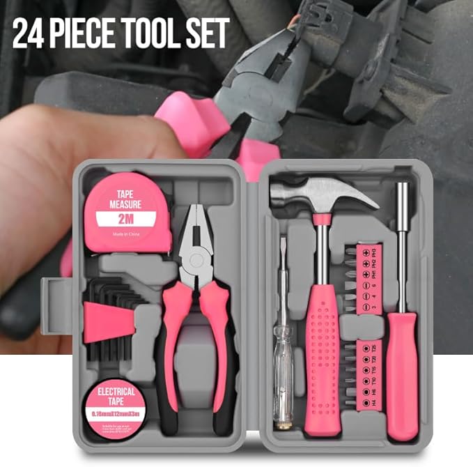 LIRFIX 24Pcs Pink Home Repair Tool Kit for Women - Compact Mini Starter Hardware Set with Hammer, Pliers, Screwdrivers - Portable Household Hand Tools, Ideal Christmas & New Year Gift for Ladies