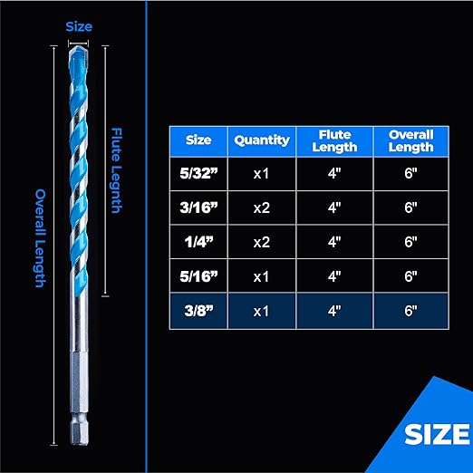 toolant 3/8" Concrete Drill Bit Set & Masonry Drill Bit Set, Shockproof Hex Shank Hammer Drill Bit Set for Glass/Brick/Plastic/Cement/Tile, Industrial Strength Carbide Drill Bit Tip, 3/8" 5pcs