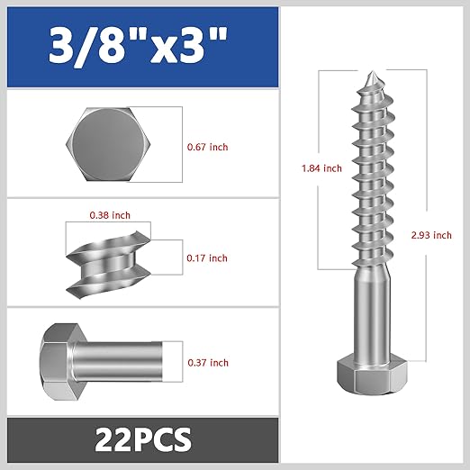 Lag Screws Wood Screws (22PCS, 3/8"x3", Silver) Hex Head Lag Bolts,(10x75) Heavy Duty Lag Screws,304 Stainless Steel Bolts 18-8
