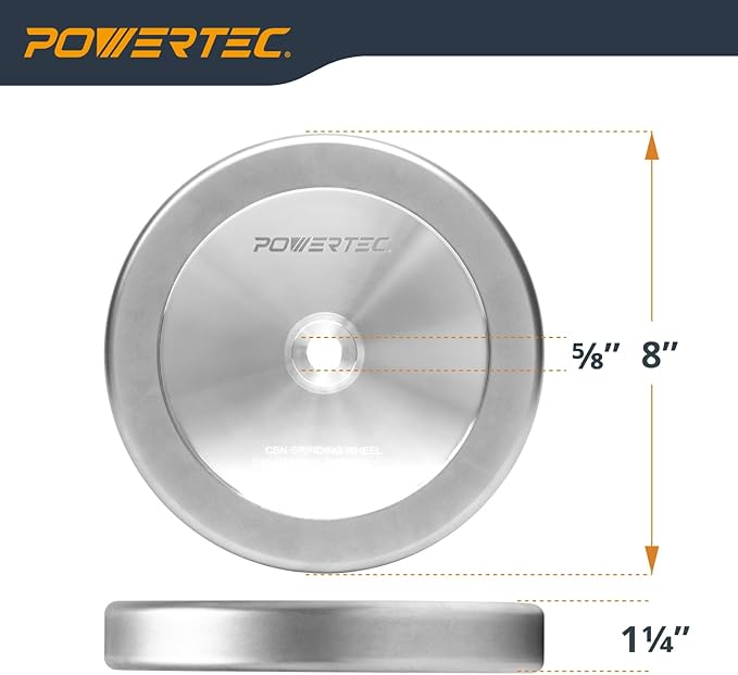 POWERTEC CBN Grinding Wheel 8 Inch 600 Grit, 1-1/4" Wide, 5/8" Arbor ??4-in-1 CBN Sharpening Wheel with 1/4" Radius Edge and Side Face for Bench Grinder (15706)
